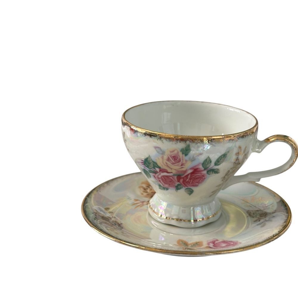 Choice Imports Vintage Floral Teacup and Saucer Set Gold Trim Iridescent Rose